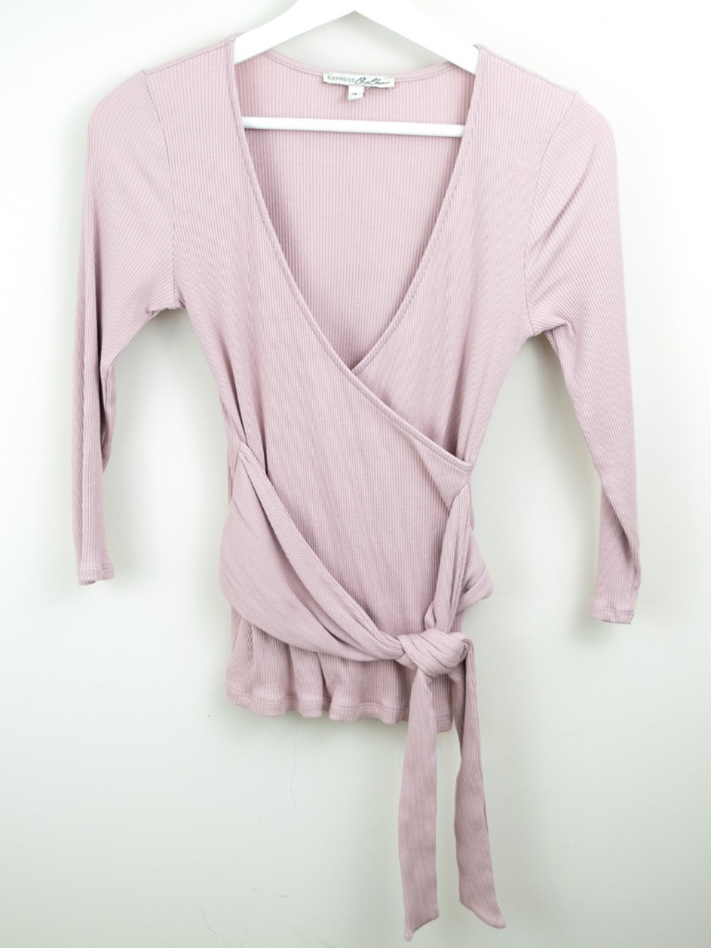 Express One Eleven Rib Knit V-Neck Faux Wrap Tie Front 3/4 Sleeve Top Pink S